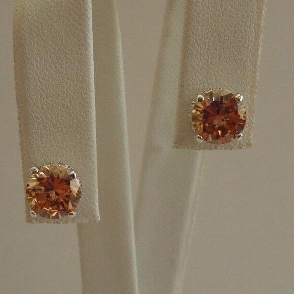 925 STERLING SILVER CHAMPAGNE STUD EARRINGS SIMULATED CHAMPAGNE DIAMONDS/8MM - Picture 6 of 10